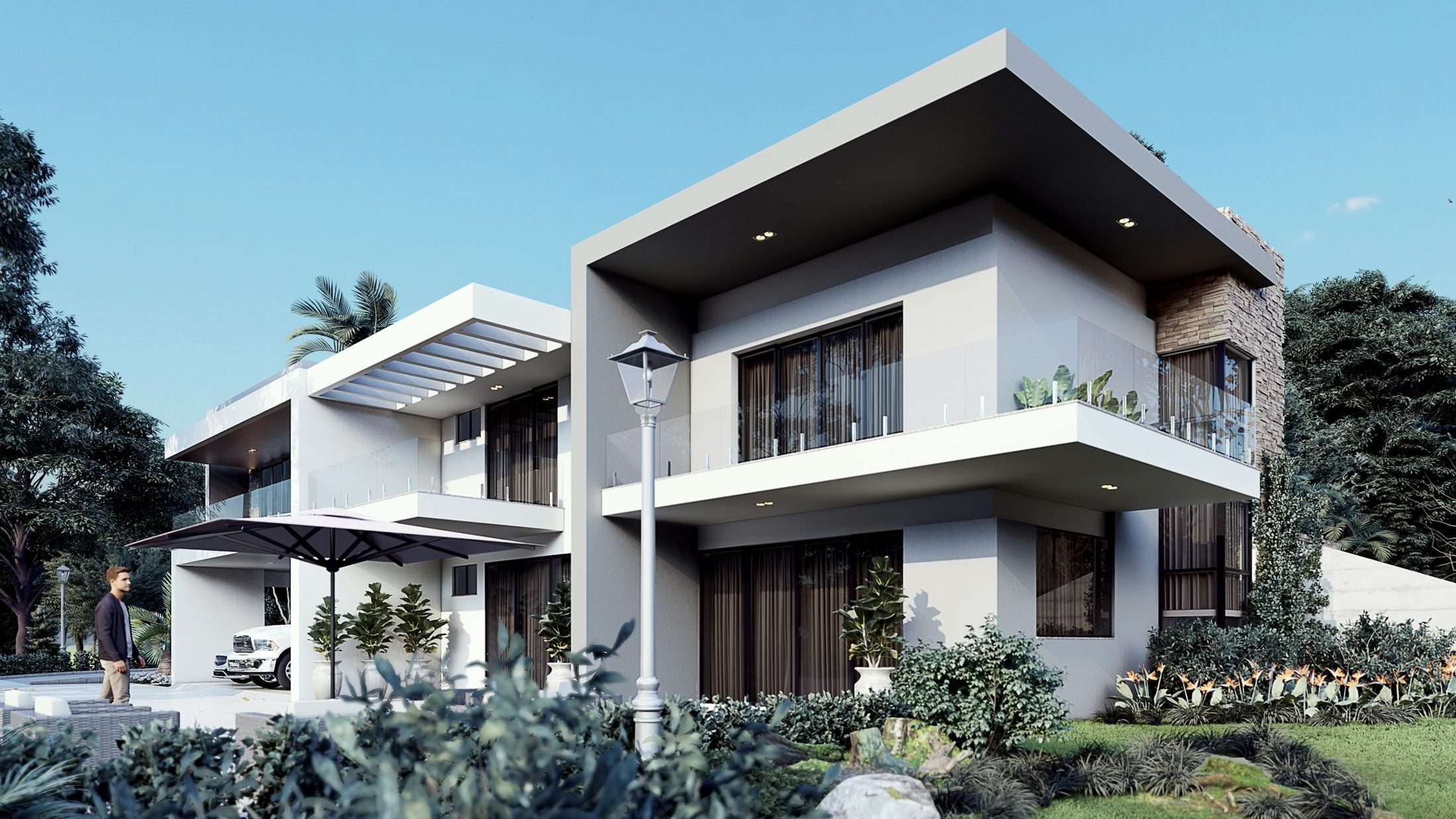 Demo image. Row of white two-storey houses with balconies.