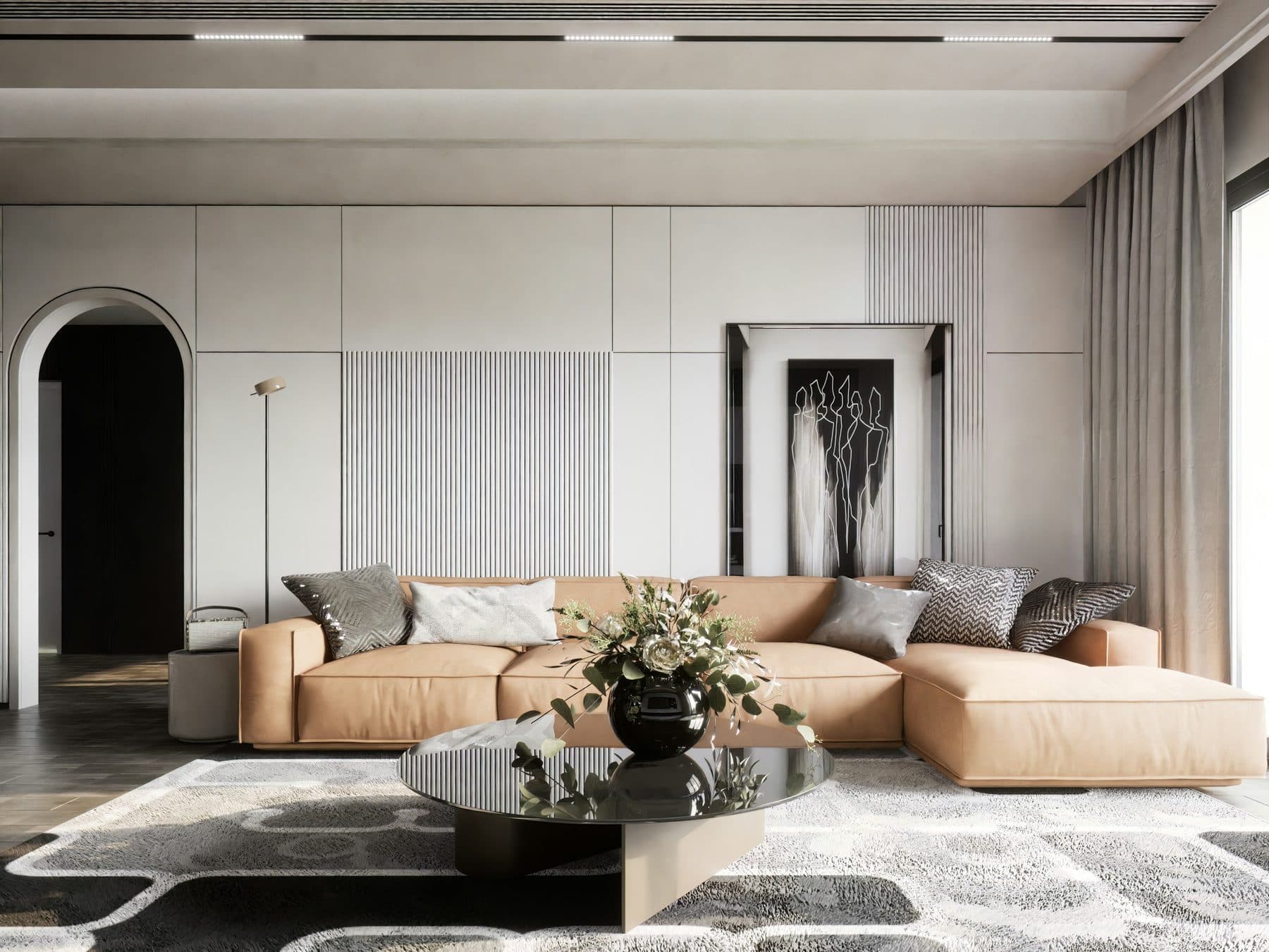 Demo image. Living room with a sectional sofa and an arched niche.