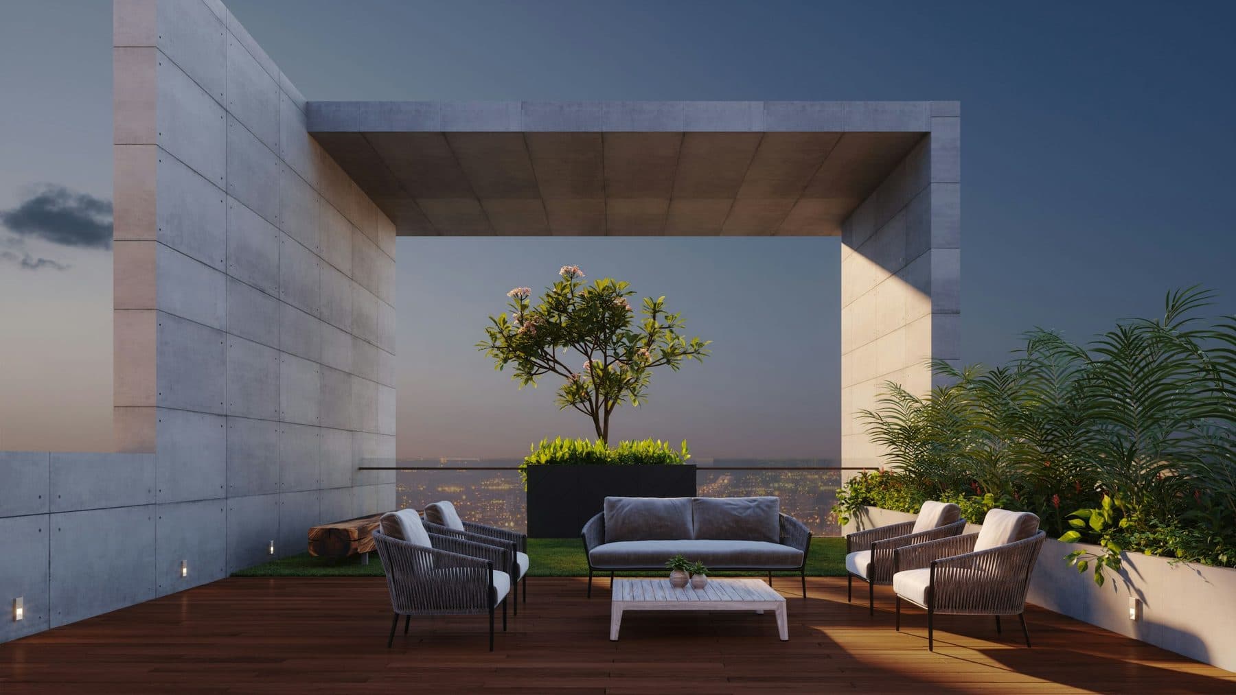 Demo image. Rooftop terrace with seating at dusk.