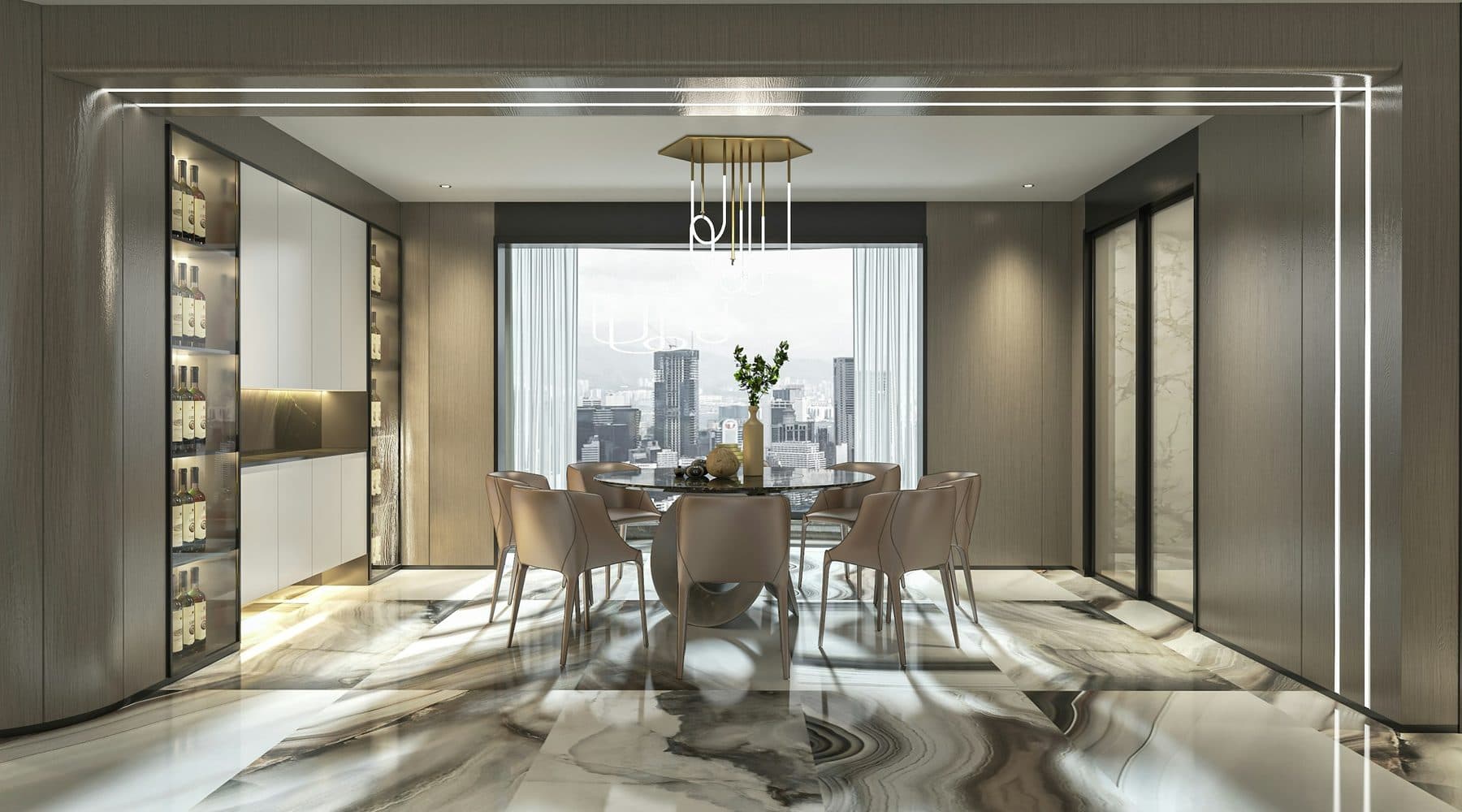 Demo image. Dining room with a marble floor and a chandelier.